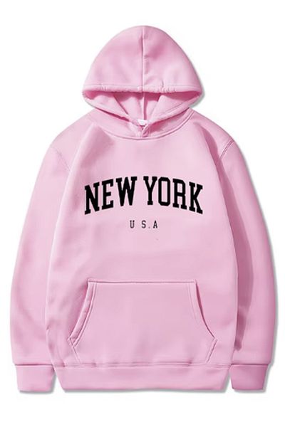 LA GULER Unisex New York Printed Oversize φούτερ με κουκούλα - 3 κλωστές βαμβακερό