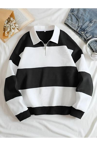 NewCabin Sweat oversize cu dungi unisex sezon nou - 3 fire, jumătate cu fermoar