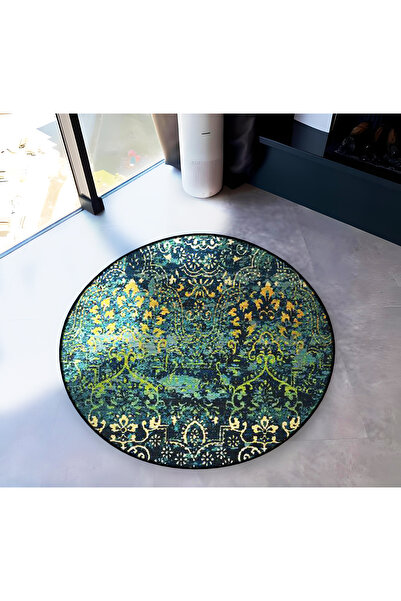 Rugs Modern Halı Dark Green Theme Motif Traditional Patterned Round Woven Bas...