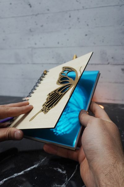 markcat Butterfly Themed Notebook with Wooden Cover - Checked Agenda and School Notebook (A5 - 120 Pages)