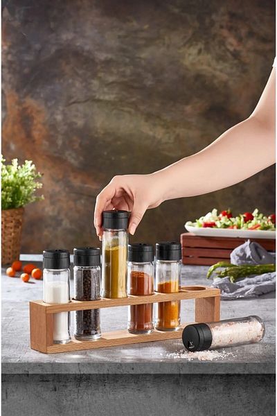 Etka Dizayn Nero 6-Piece Salt and Pepper Shakers Set - Spice Holder with Wooden Stand