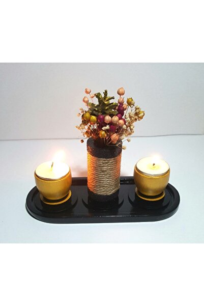 Bay3 Hobi Tepsili Şamdan Seti, Çiçekli Şamdan Seti, Yaldızlı Sarı