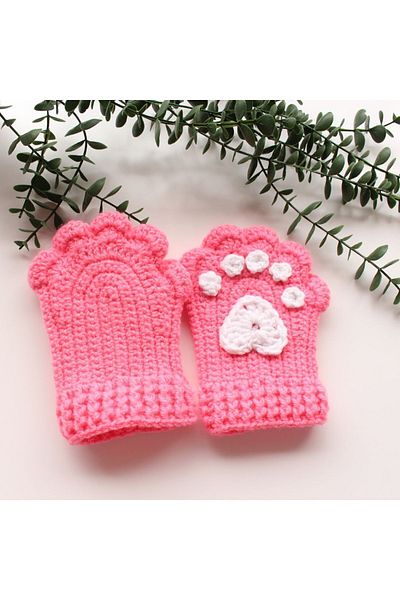 TRENDİN YOLU Pink Handmade Fingerless Model Winter Gloves with Paws