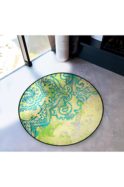 Rugs Modern Halı Green Tones Ethnic Motif Patterned Round Woven Base Vintage ...