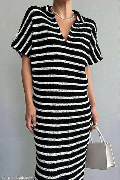 Loopy Rochie de tricotaje cu fante în dungi negre pentru femei