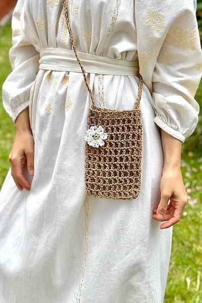 BECCASTYLE Mesh Phone Bag Knitted Small Bag Handmade Crossbody Bag Wallet Straw Floral Bag