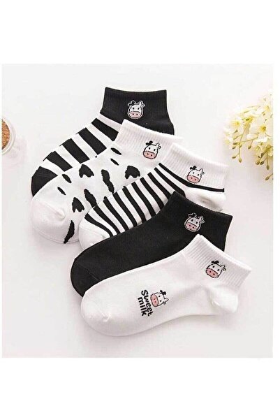 Meguca Socks Kadın Siyah Beyaz Inek Desenli Yarım Konç Kolej Çorap Seti 5 Çift
