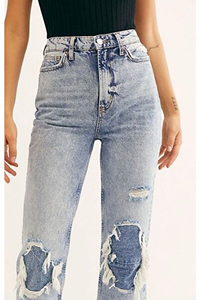 Hepsibitarz Kadın Mavi Fp Yırtıklı Yamalı Jeans Denim Kot Orjinal Ithal Pantolon