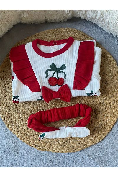 caliskanonline Cherry Patterned Seasonal Baby Girl Jumpsuit - with Ribbon Accessories, 3-6-9-12 Months