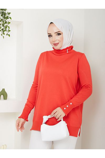 Pamuk Butik Γυναικείο βολάν γιακά με πέτρα με λεπτομέρειες Mercerized Knitwear Tunic