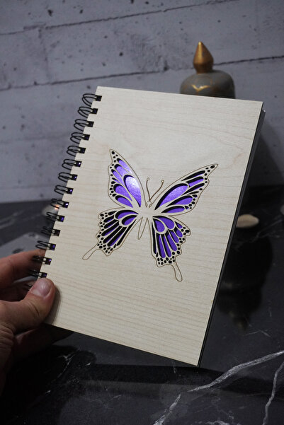markcat Butterfly Themed Notebook with Wooden Cover - Checked Agenda and School Notebook (A5 - 120 Pages)
