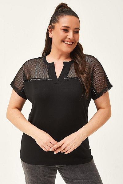 CAFCAF Plus Size Black Stone Detailed Mesh Blouse