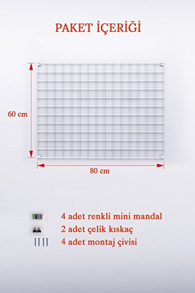 Catchme 80x60 Tel Pano Metal Fotoğraf Askısı Beyaz 4 Mandal 2 Fotoğraf Kıskacı Hediyeli