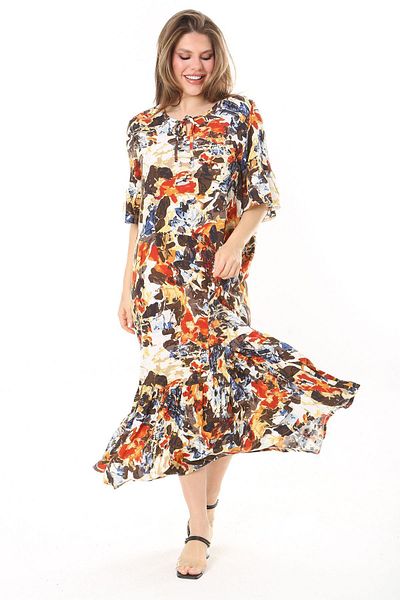 Şans Women's Large Size Color Woven Viscose Fabric Skirt Layered Short Sleeve Dress 65N37868
