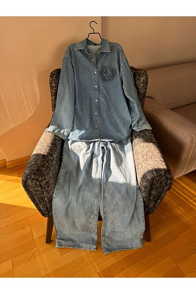 Natavan Light Blue Brooched Shirt Jeans Set