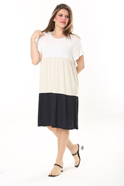 Şans Rochie cu mâneci scurte, în straturi, cu combinație de culori colorate, mărimi mari, pentru femei 65N37874