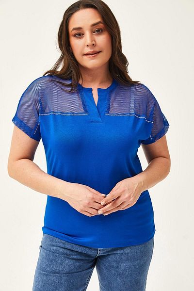 CAFCAF Plus Size Blue Blouse - Mesh and Stone Detail