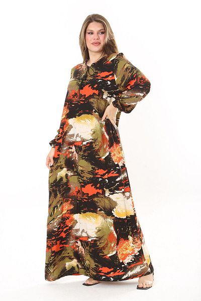 Şans Rochie lungă maxi cu mânecă lungă, cu șireturi, cu guler de mărime mare, pentru femei 65N37869