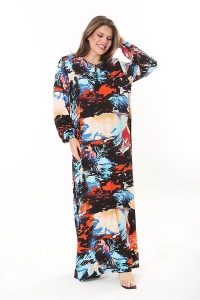 Şans Rochie lungă maxi cu mânecă lungă, cu șireturi, cu guler albastru, pentru femei 65N37869