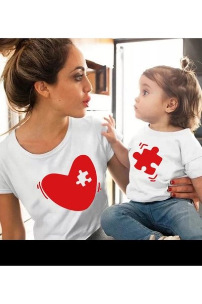 Frisson Tricou cu model puzzle inimă pentru mamă-fiică-fiu - Preț pentru un singur produs, Combinație 2 bucăți