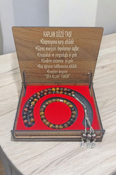 Hanedan Hediyelik Natural Tiger Eye Stone Bracelet and Rosary Set