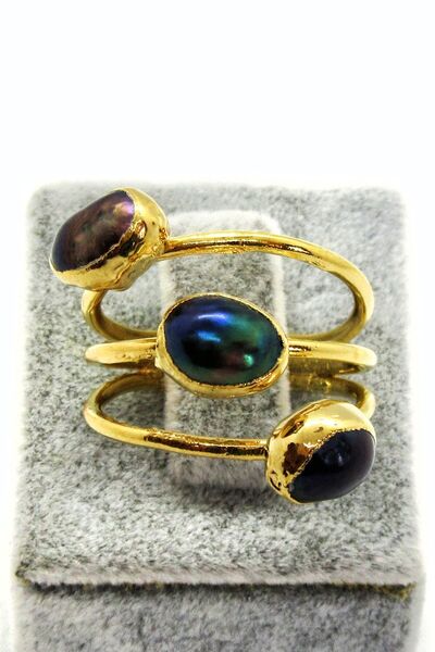 Anpiel Gerçek Siyah İnci 3’lü Altın Kaplama Ayarlanabilir Yüzük