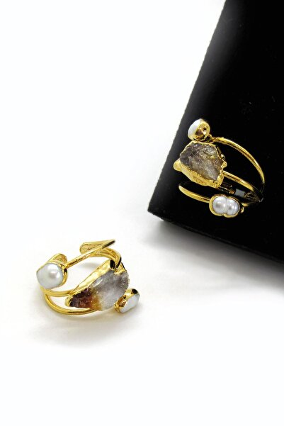 Anpiel Gerçek Beyaz İnci Akik Doğal Taşlı 3’lü Altın Kaplama Ayarlanabilir Yüzük