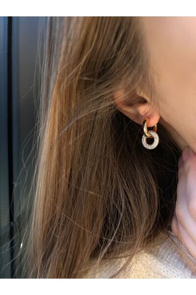 nerora Rose Gold Premium Taşlı Halka Charmlı Küpe