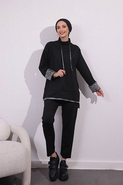 HİFADEN Lame Leopard Pattern - Γυναικείο μακρυμάνικο με δεμένο κοστούμι δύο τεμαχίων