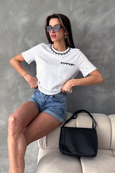 jöns since 1997 White Lycra Stoned Women's T-shirt - Collar and Pocket Detail