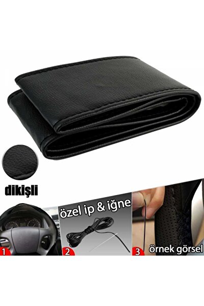 Universal Direksiyon Kılıfı Deri Sarmal Dikmeli Direksiyon A+Kalite Düz Siyah