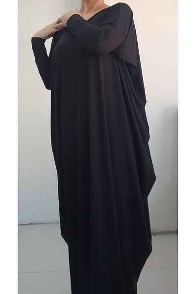 Mertcan Butik Φόρεμα με μανίκια νυχτερίδας μαύρη βισκόζη Hijab Ferace - Χαλαρό χτενισμένο βαμβακερό