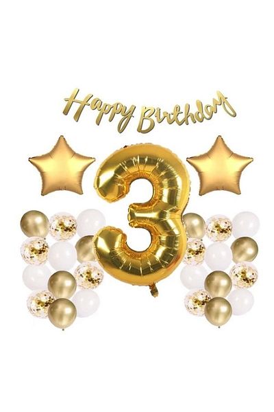 Patladı Gitti Gold Concept 3 Years Birthday Celebration Set; White Gold Confetti Balloon, Number Star Foil and Banner