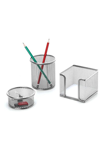 inox Set de birou din 3 piese Suport stilou-suport hârtie-agrafe Silver Fx