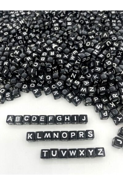 Flea Market 6mm Siyah Üzeri Beyaz Küp Harf Boncuk,6x6mm Alfabe Mektup Zar Bon...