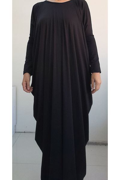 Mertcan Butik Φόρεμα με μανίκια νυχτερίδας μαύρη βισκόζη Hijab Ferace - Χαλαρό χτενισμένο βαμβακερό