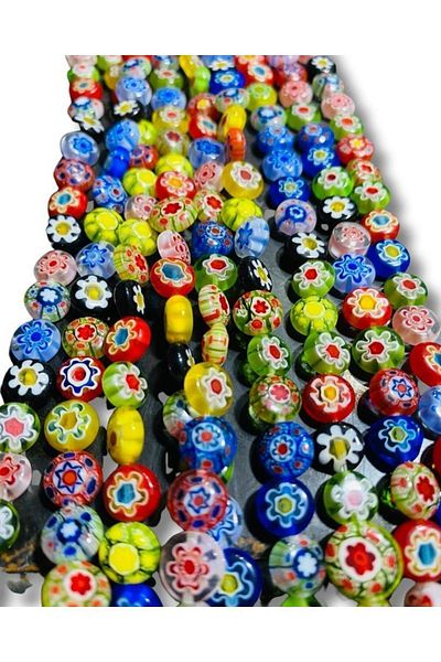 Flea Market Secvență de mărgele de sticlă plată cu model de flori de 8 mm (Mediu 48. Buc )