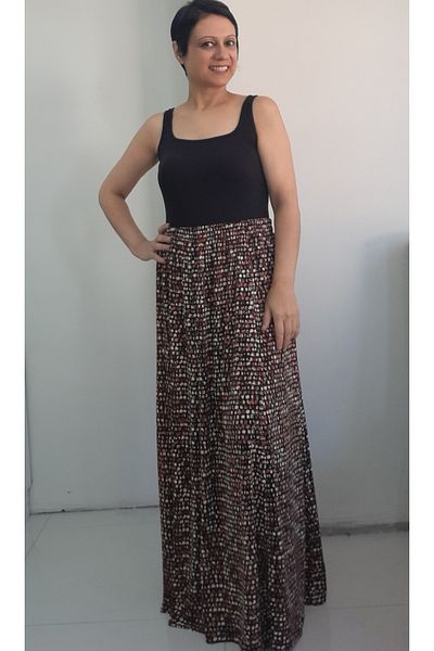 Mertcan Butik Μαύρη κρεπ βισκόζη φούστα 6 τεμαχίων με σχέδιο - Ελαστική μέση