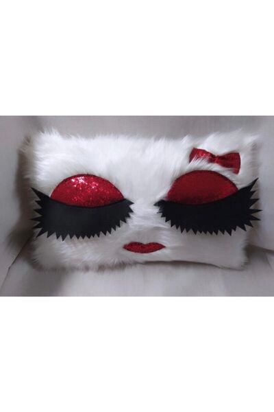 YILMAZHOME Kirpikli Peluş Kırlent Kılıfı - (Beyaz Peluş-Kırmızı Kirpik)