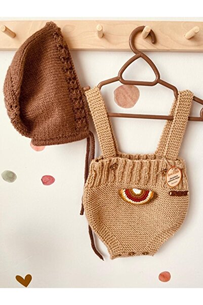 seraskids Beige Colored Knitted Shorts Jumpsuit and Babybonnets Set for Baby Boy