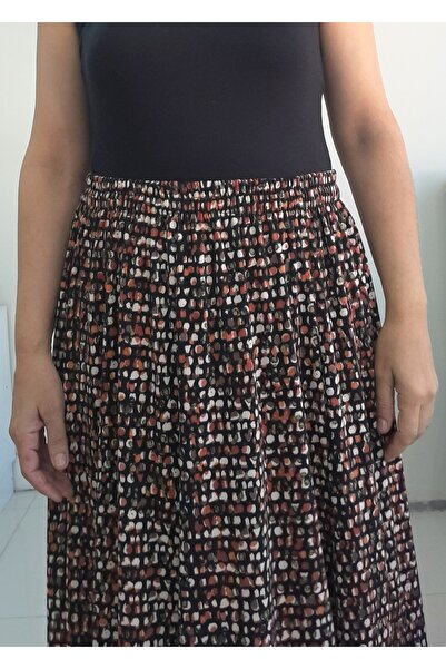 Mertcan Butik 6-секційна чорна крепова віскозна спідниця з візерунком - еластичний пояс