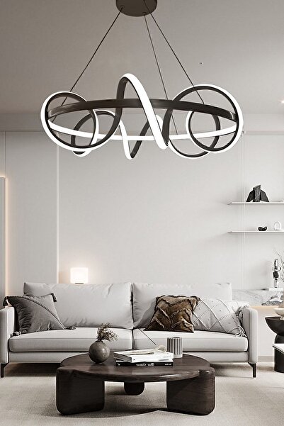 LEDMİ Spiral Halka Siyah Ledli Avize, Salon Avizesi, Modern Aydınlatma Avizesi, Tasarım Ledli Avize