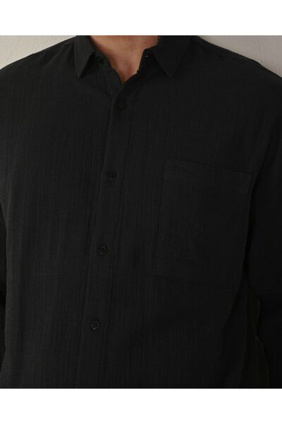 İLKCET MODA Ανδρικό πουκάμισο μαύρο μουσελίνα με μακριά μανίκια