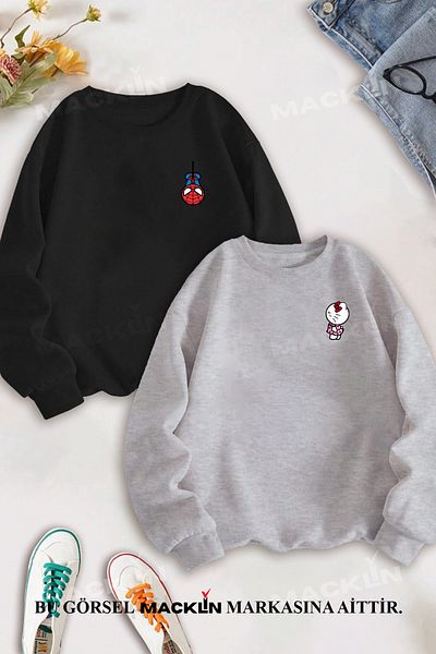macklin Dragă cuplu combinație Hello Kitty Spiderman piept imprimat hanorac cu gât crew set de 2