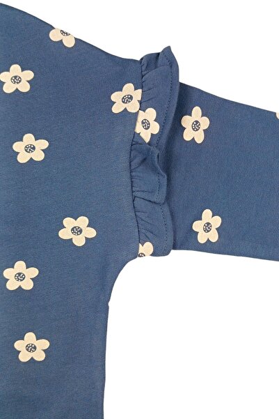 Via Girls Kız Çocuk Fırfırlı Düşük Kol Çiçek Desen Mavi Sweatshirt | 3-7 Yaş Çocuk Giyim