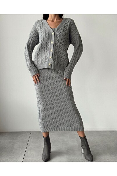 Lusin Gray Hair Knit Detailed Crop Knitwear Set - Skirt and Cardigan Triple Set
