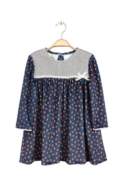Via Girls 3-6 Years Girl's Navy Blue Dress - Cotton Velvet, Flower Pattern, Pleated and Bow |   Robe