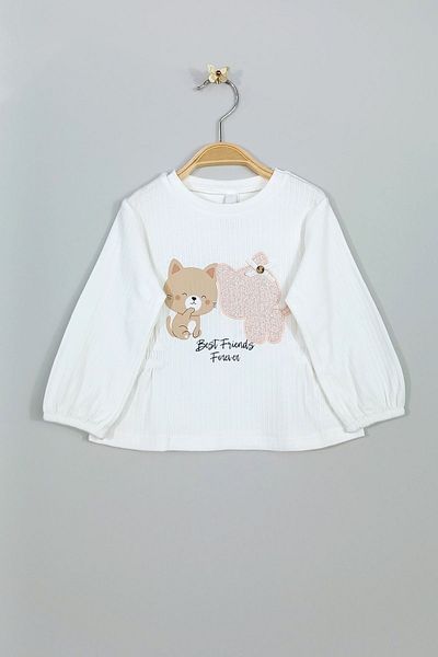 Via Girls Waffle Print Turquoise Tights and White Cat Design T-Shirt and Bottom Set for 9-24 Months Baby