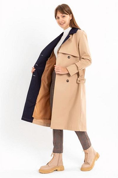 PASTELASTORE Cotton Gabardine Long Double Color Garnished Women's Trench Coat 1114