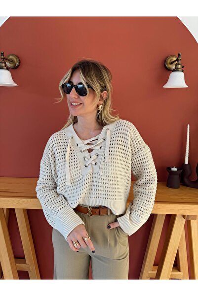 Jose Clothing Macy مخرم - سترة تريكو كبيرة الحجم بأكمام طويلة